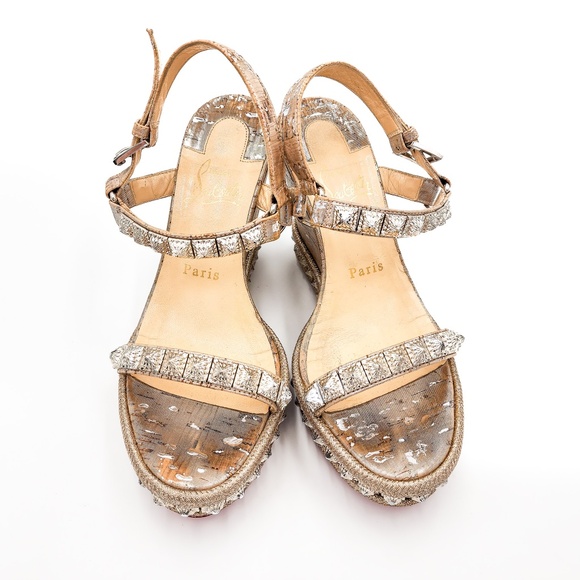 Christian Louboutin Silver Cork Platform Studded Espadrille Sandals Shoes EU 37 - Picture 5 of 10